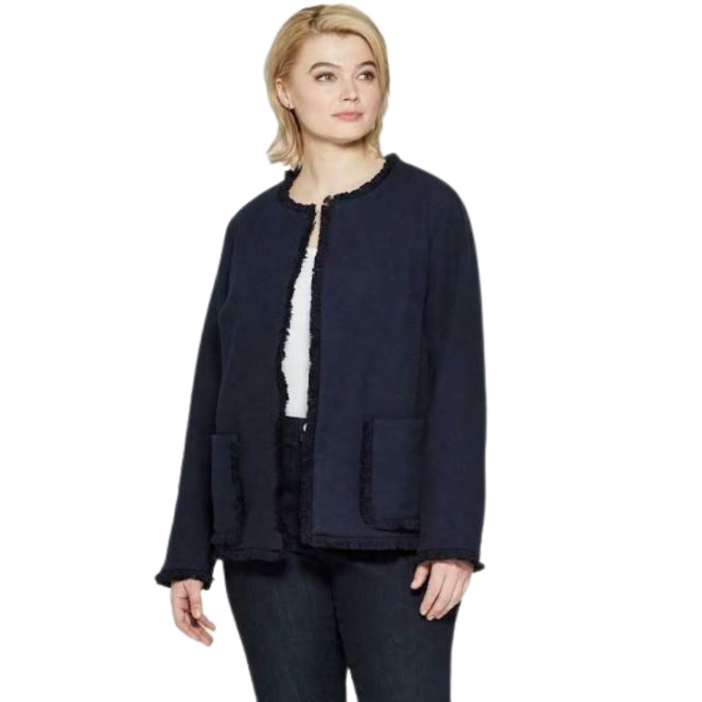 AVA & VIV Blue Tweed Fringe Frayed Trim Hem Jacket 2X NWT